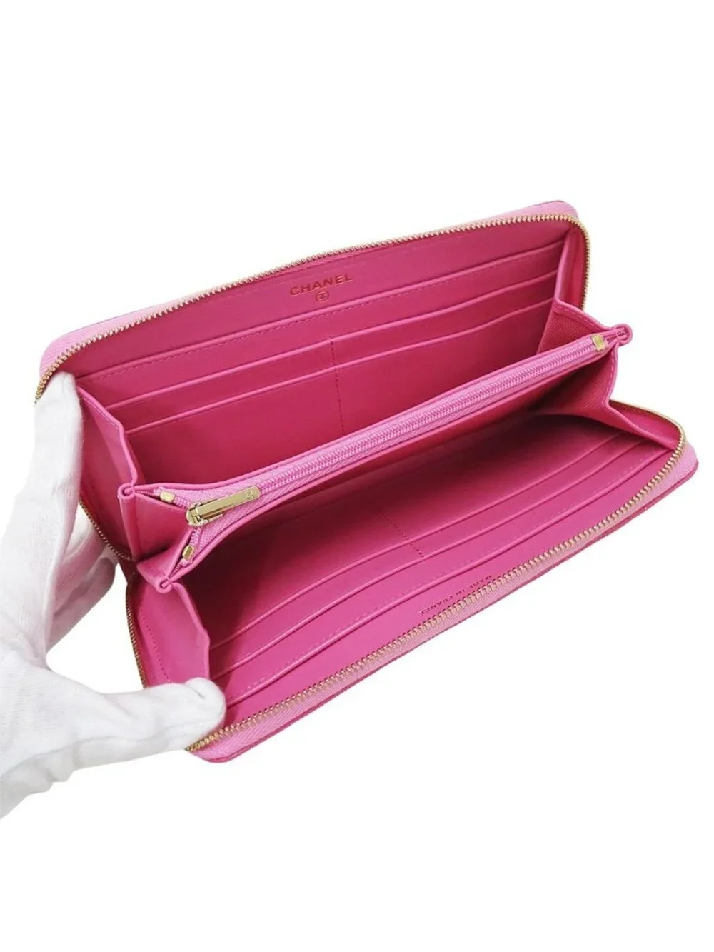 Chanel Wallet Quilted Chief Caviar Leather Pink Gold Zip Around